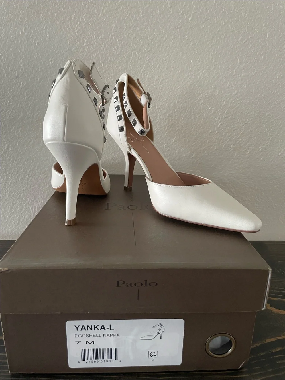 Paolo Leather Studded Ankle-Strap Heels in eggshell